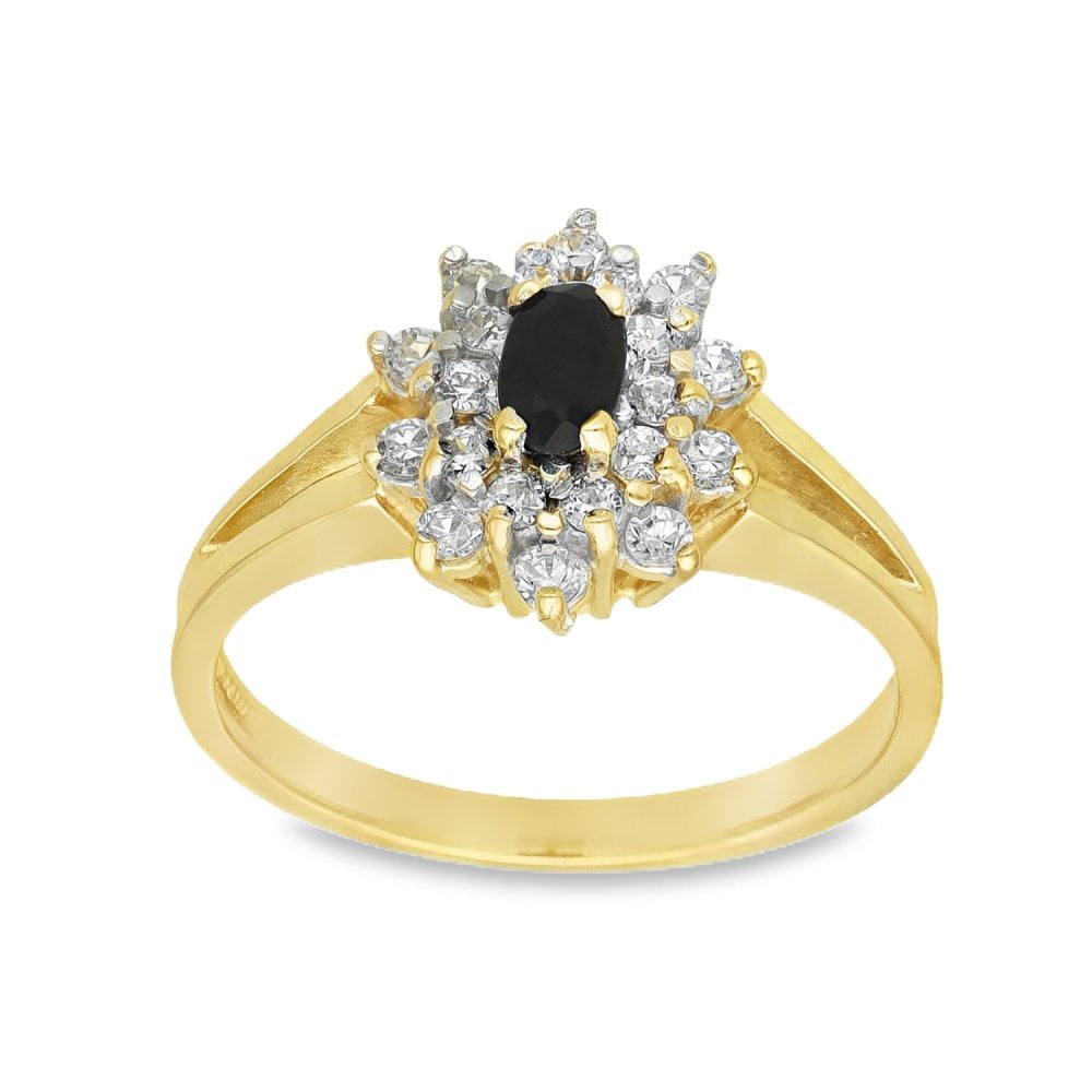 9ct Yellow Gold Black Sapphire & Cubic Zirconia Cluster Ring