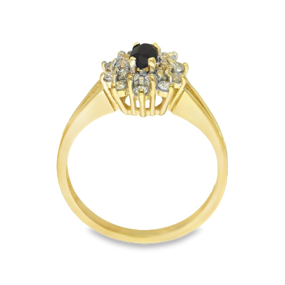 9ct Yellow Gold Black Sapphire & Cubic Zirconia Cluster Ring