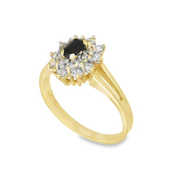 9ct Yellow Gold Black Sapphire & Cubic Zirconia Cluster Ring