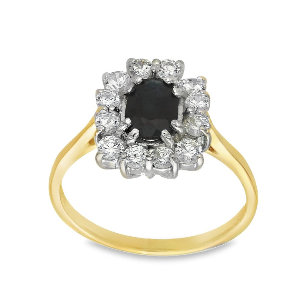 9ct Yellow Gold Black Sapphire & Cubic Zirconia Cluster Ring