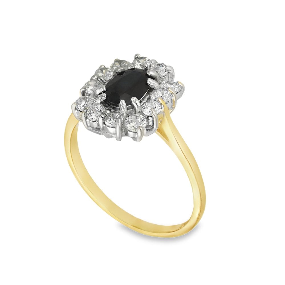 9ct Yellow Gold Black Sapphire & Cubic Zirconia Cluster Ring