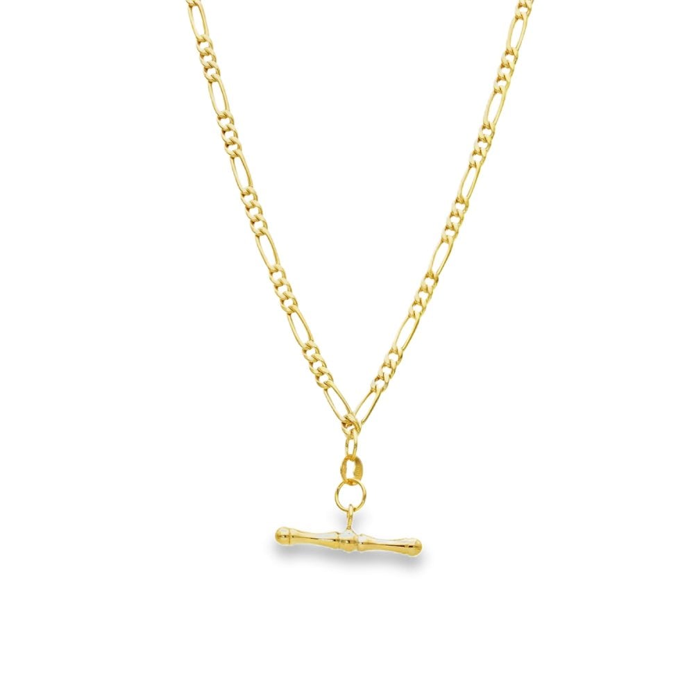 9ct Yellow Gold Hollow T-Bar Pendant & Figaro Chain - 18" - 4.7g