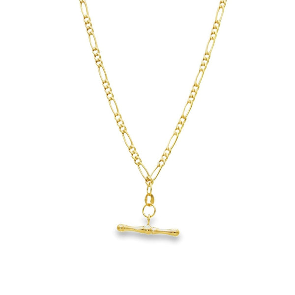 9ct Yellow Gold Hollow T-Bar Pendant & Figaro Chain - 18" - 4.7g