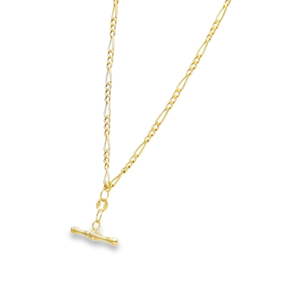 9ct Yellow Gold Hollow T-Bar Pendant & Figaro Chain - 18" - 4.7g