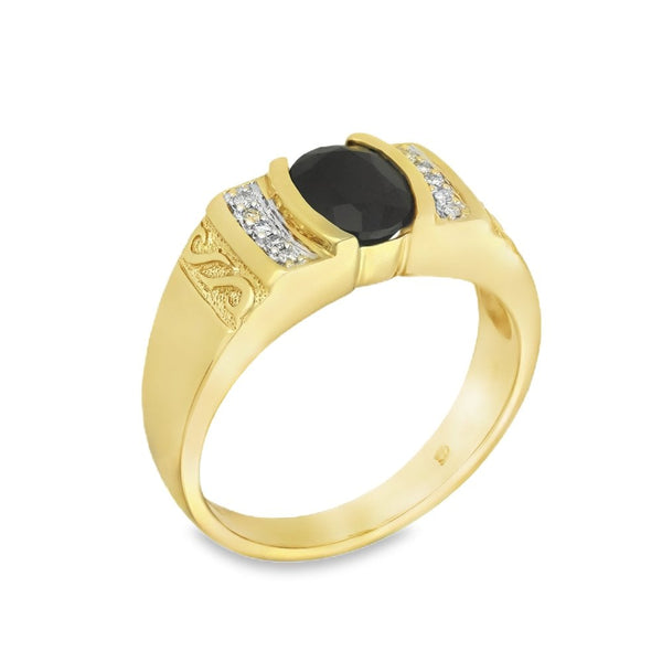 9ct Yellow Gold Sapphire & Diamond Dress Ring - Size R - 0.10ct