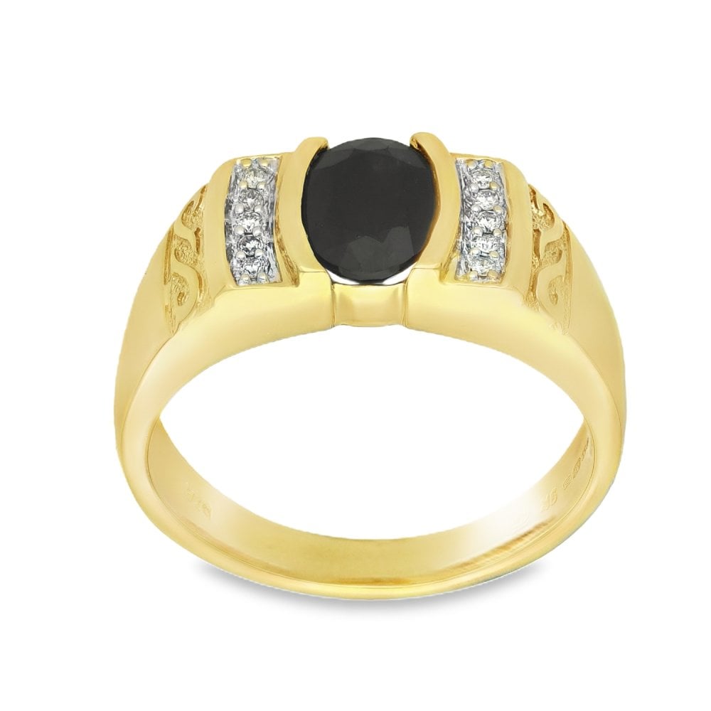 9ct Yellow Gold Sapphire & Diamond Dress Ring - Size R - 0.10ct