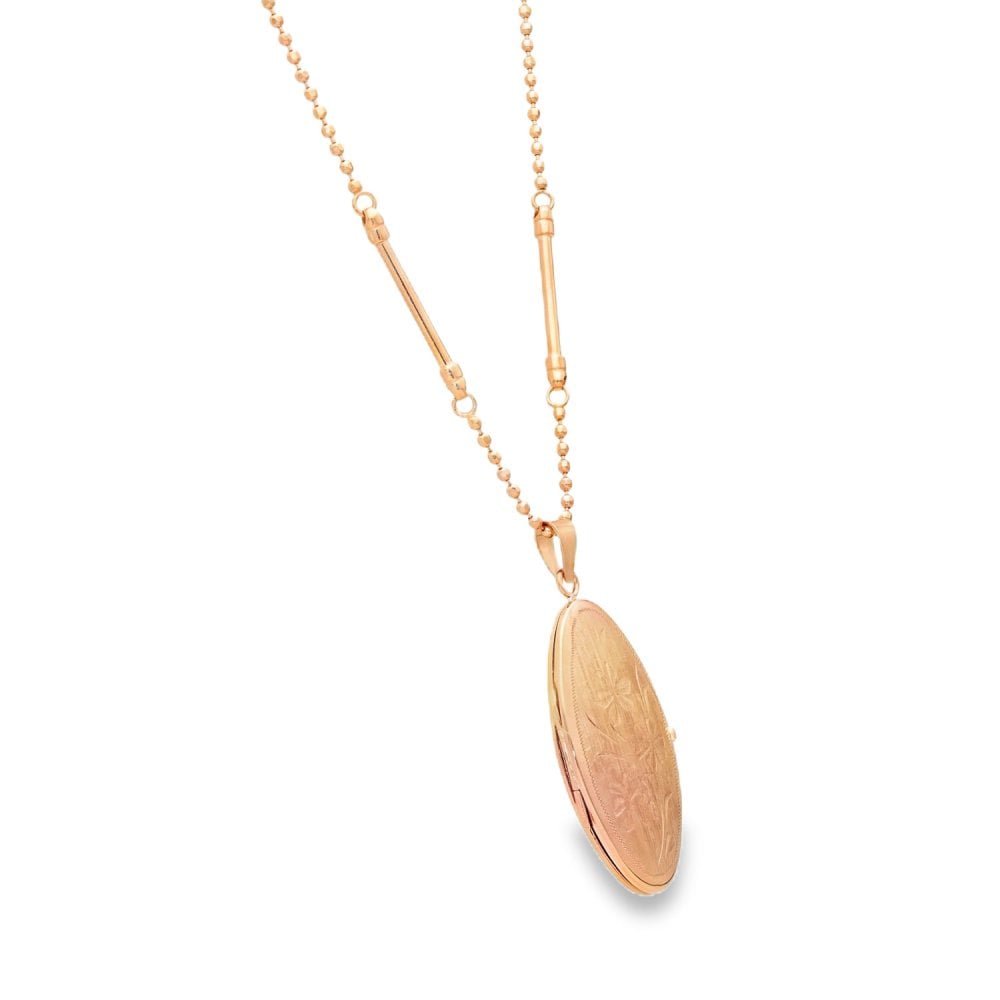 9ct Rose Gold Flower Engraved Locket & Bead & Bar Necklace - 24"
