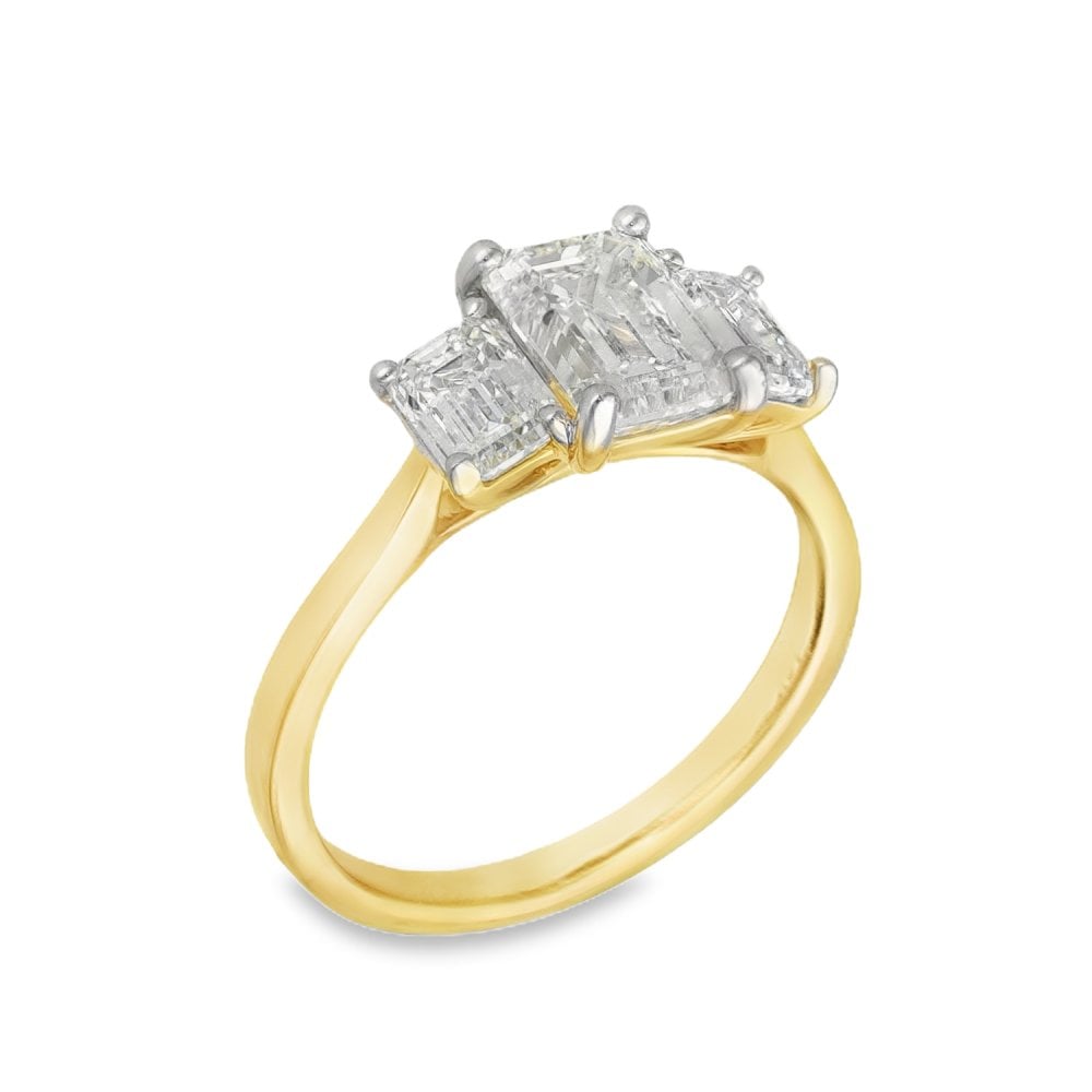 2.65ct Yellow Gold Emerald-Cut Diamond Trilogy Ring - F/VS