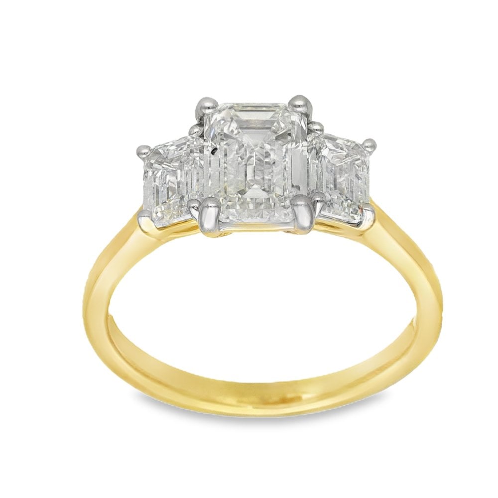 2.65ct Yellow Gold Emerald-Cut Diamond Trilogy Ring - F/VS