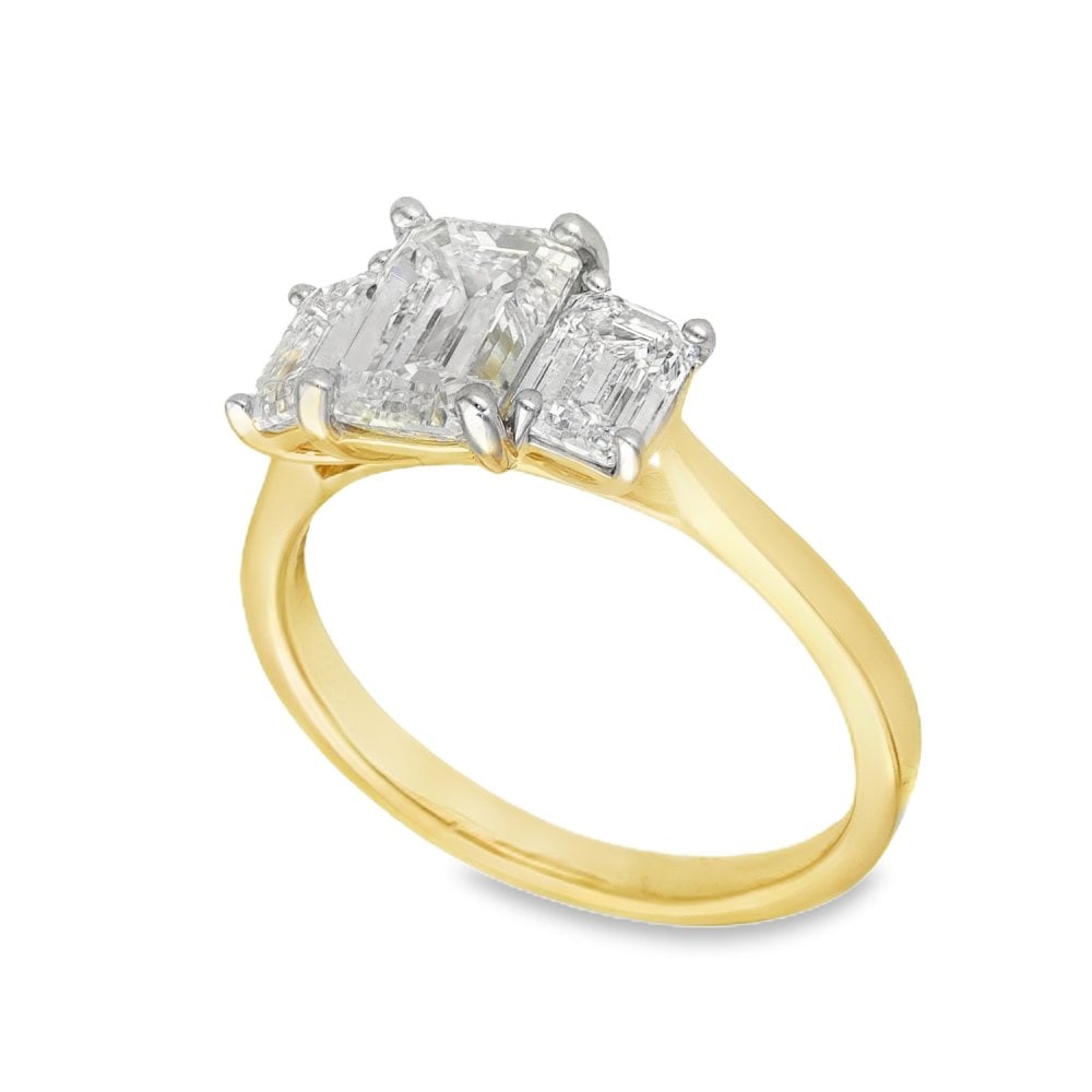 2.65ct Yellow Gold Emerald-Cut Diamond Trilogy Ring - F/VS