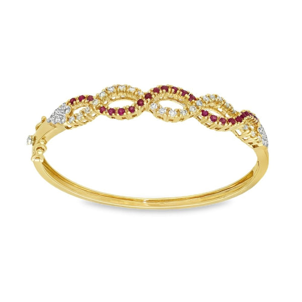 9ct Yellow Gold Diamond & Ruby Bangle - 16cm - 15.0g