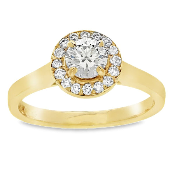0.71ct Yellow Gold Diamond Halo Engagement Ring - D/VS1