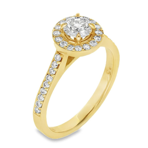 0.91ct Yellow Gold Certified Diamond Halo Engagement Ring -D/VS2