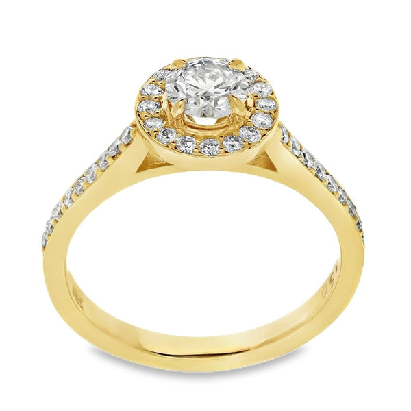0.91ct Yellow Gold Certified Diamond Halo Engagement Ring -D/VS2