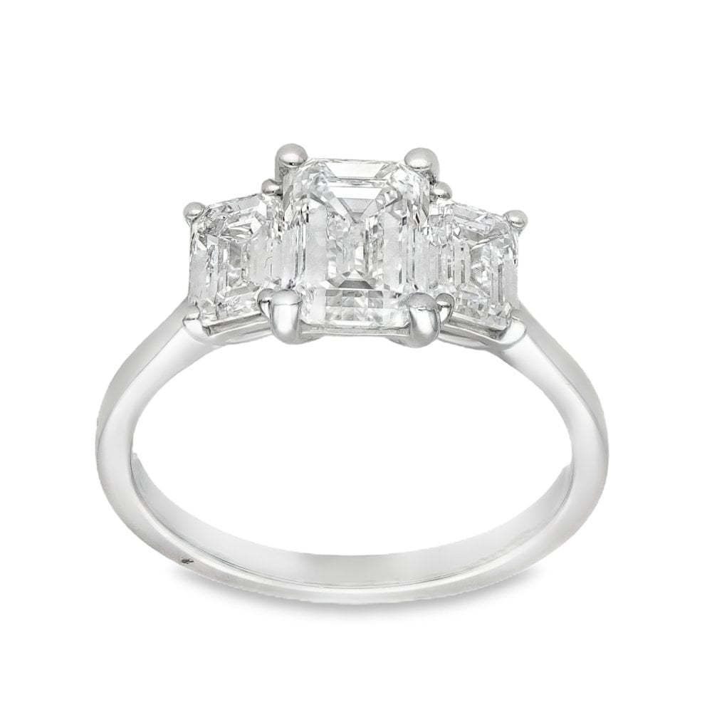 2.64ct White Gold Emerald-Cut Diamond Trilogy Ring - F/VS2