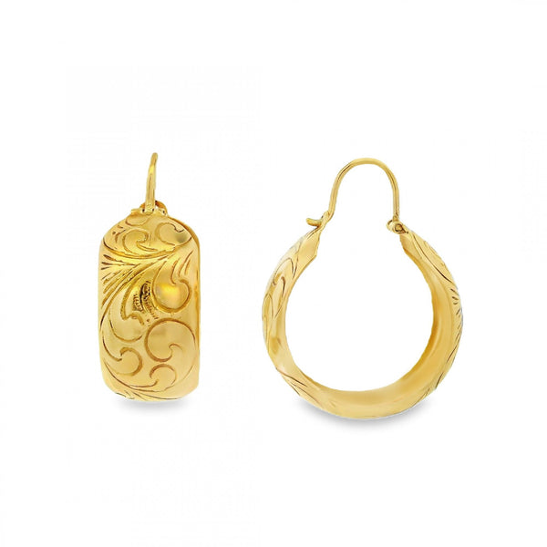 9ct Yellow Gold Engraved Hoop Earrings - 25x20x9mm - 3.5g