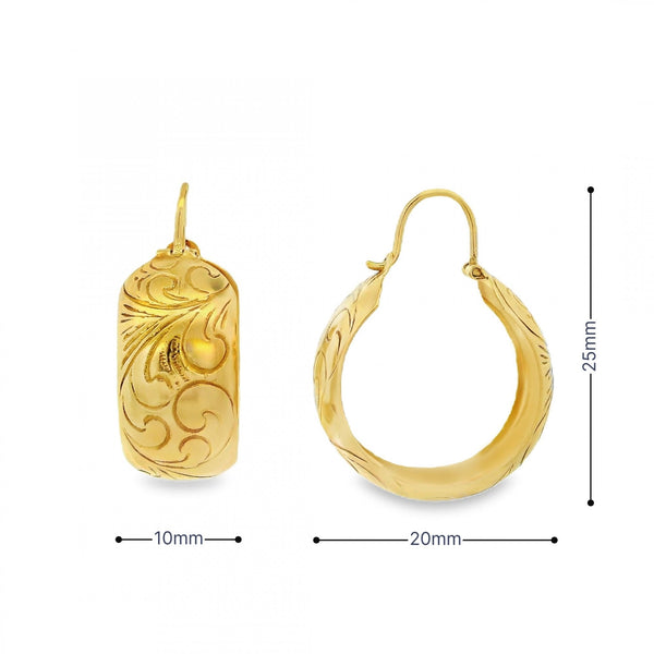 9ct Yellow Gold Engraved Hoop Earrings - 25x20x9mm - 3.5g