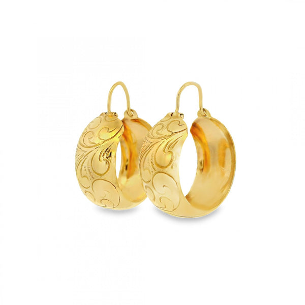 9ct Yellow Gold Engraved Hoop Earrings - 25x20x9mm - 3.5g