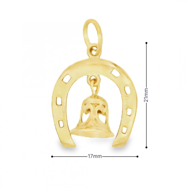 9ct Yellow Gold Horseshoe & Bell Charm -17x21x8mm - 2.2g