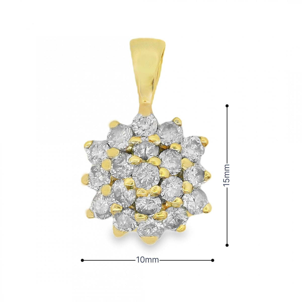 9ct Yellow Gold Diamond Cluster Pendant - 10x15x4.5mm - 0.50ct