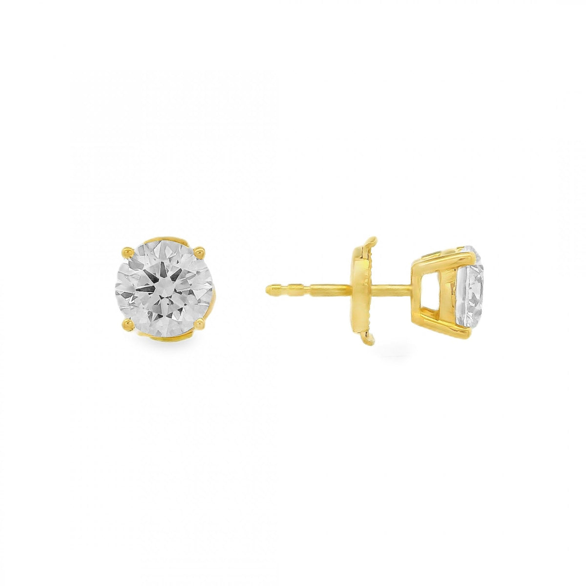 2.00ct Yellow Gold Round Brilliant Diamond Stud Earrings - F/VS2