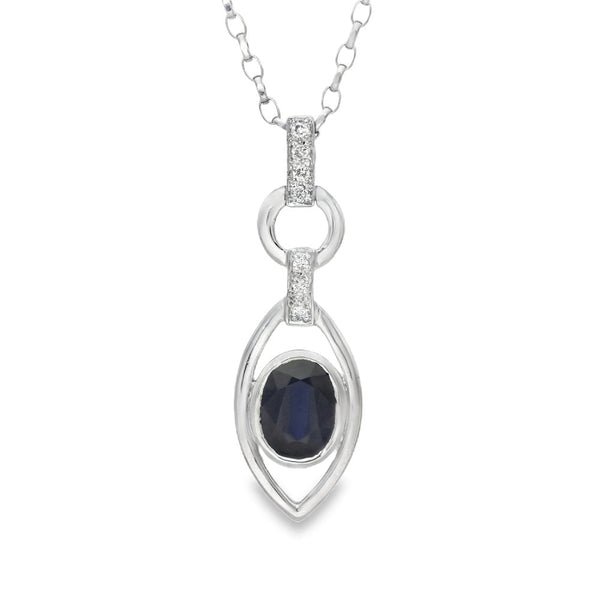 18ct White Gold Sapphire & Diamond Pendant & Chain - 18"