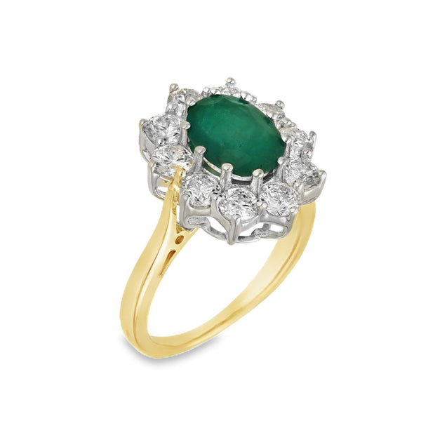 18ct Yellow Gold Emerald & Diamond Cluster Ring - Size K -1.40ct