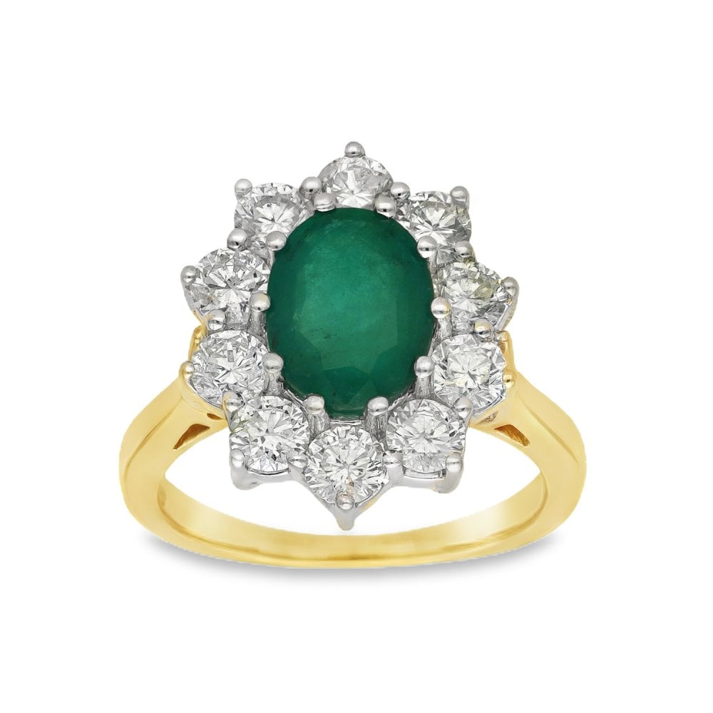 18ct Yellow Gold Emerald & Diamond Cluster Ring - Size K -1.40ct