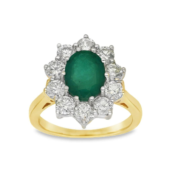 18ct Yellow Gold Emerald & Diamond Cluster Ring - Size K -1.40ct