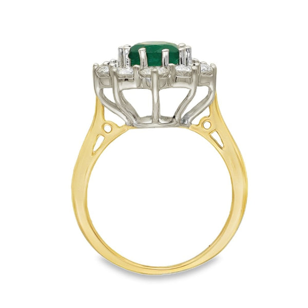 18ct Yellow Gold Emerald & Diamond Cluster Ring - Size K -1.40ct