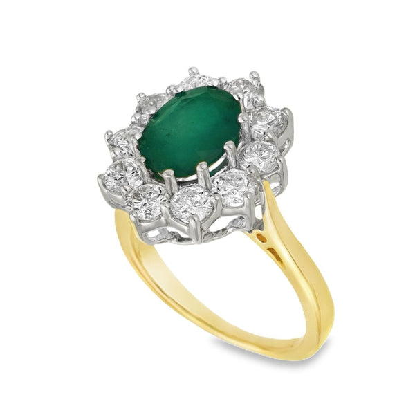18ct Yellow Gold Emerald & Diamond Cluster Ring - Size K -1.40ct