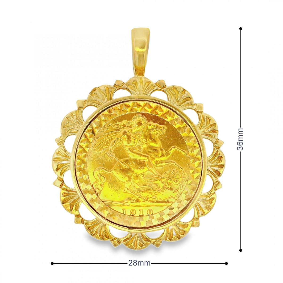 1910 Yellow Gold Half Sovereign Coin Pendant - 28x36x2.5mm -7.7g
