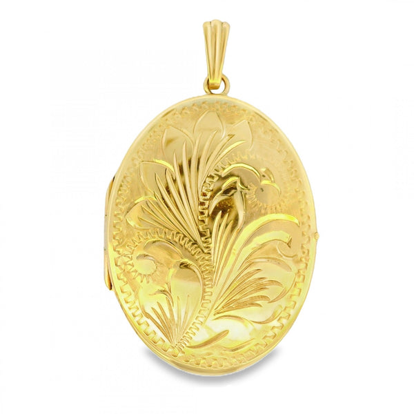9ct Yellow Gold Feather Engraved Locket - 30x40x4mm - 10.3g