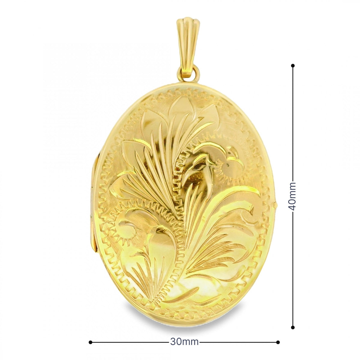 9ct Yellow Gold Feather Engraved Locket - 30x40x4mm - 10.3g