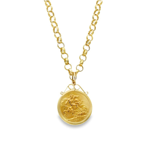 1974 Yellow Gold Full Sovereign Coin Pendant & Chain - 21"