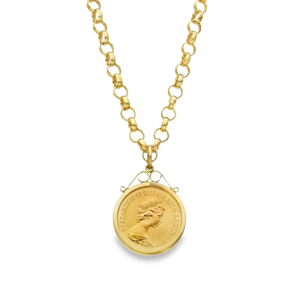 1974 Yellow Gold Full Sovereign Coin Pendant & Chain - 21"