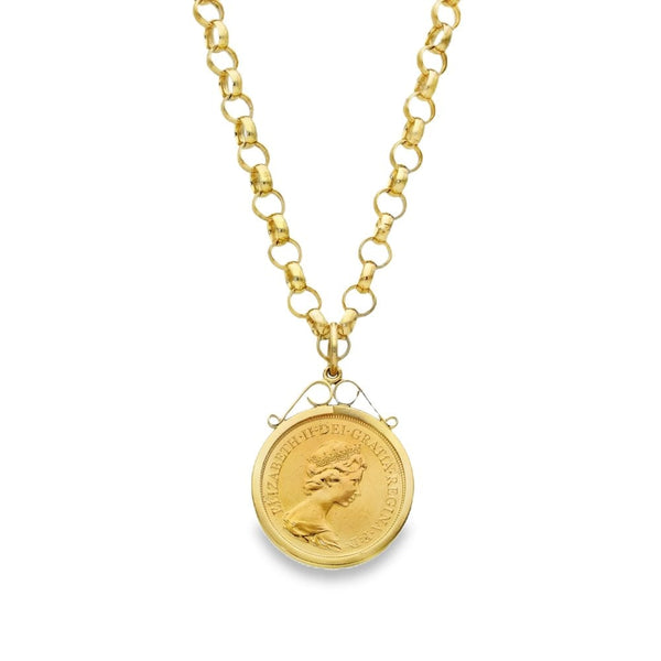1974 Yellow Gold Full Sovereign Coin Pendant & Chain - 21"