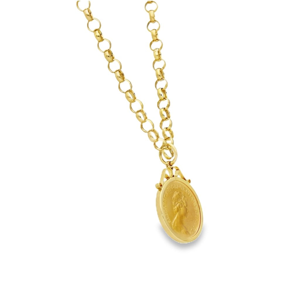1974 Yellow Gold Full Sovereign Coin Pendant & Chain - 21"