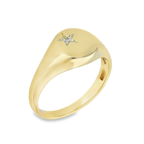 9ct Yellow Gold Star Engraved Diamond Signet Ring - Size V -11mm