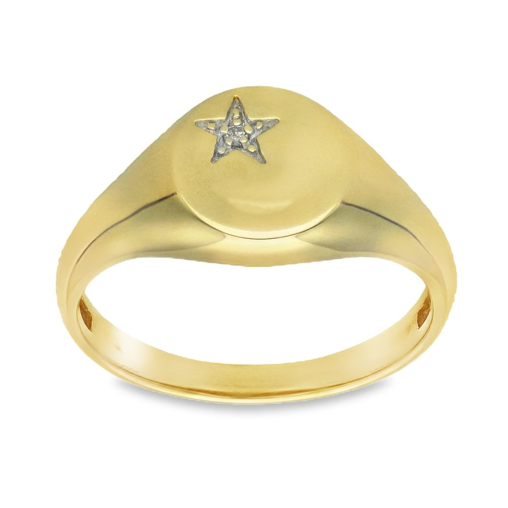 9ct Yellow Gold Star Engraved Diamond Signet Ring - Size V -11mm