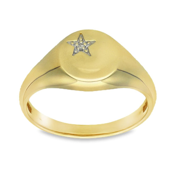 9ct Yellow Gold Star Engraved Diamond Signet Ring - Size V -11mm