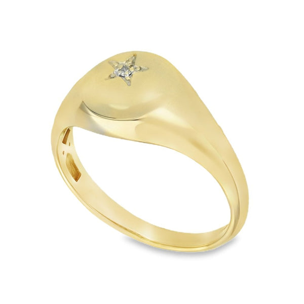 9ct Yellow Gold Star Engraved Diamond Signet Ring - Size V -11mm