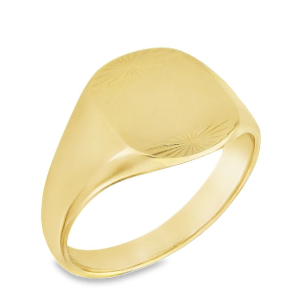 9ct Yellow Gold Cushion Engraved Signet Ring - Size V½ - 14mm