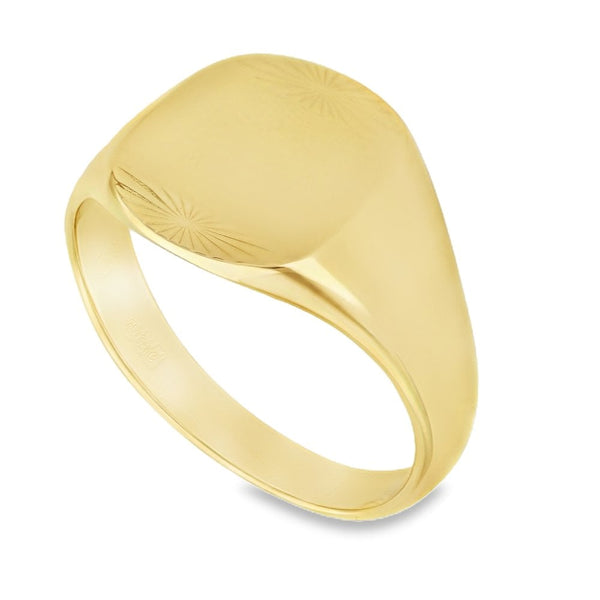 9ct Yellow Gold Cushion Engraved Signet Ring - Size V½ - 14mm