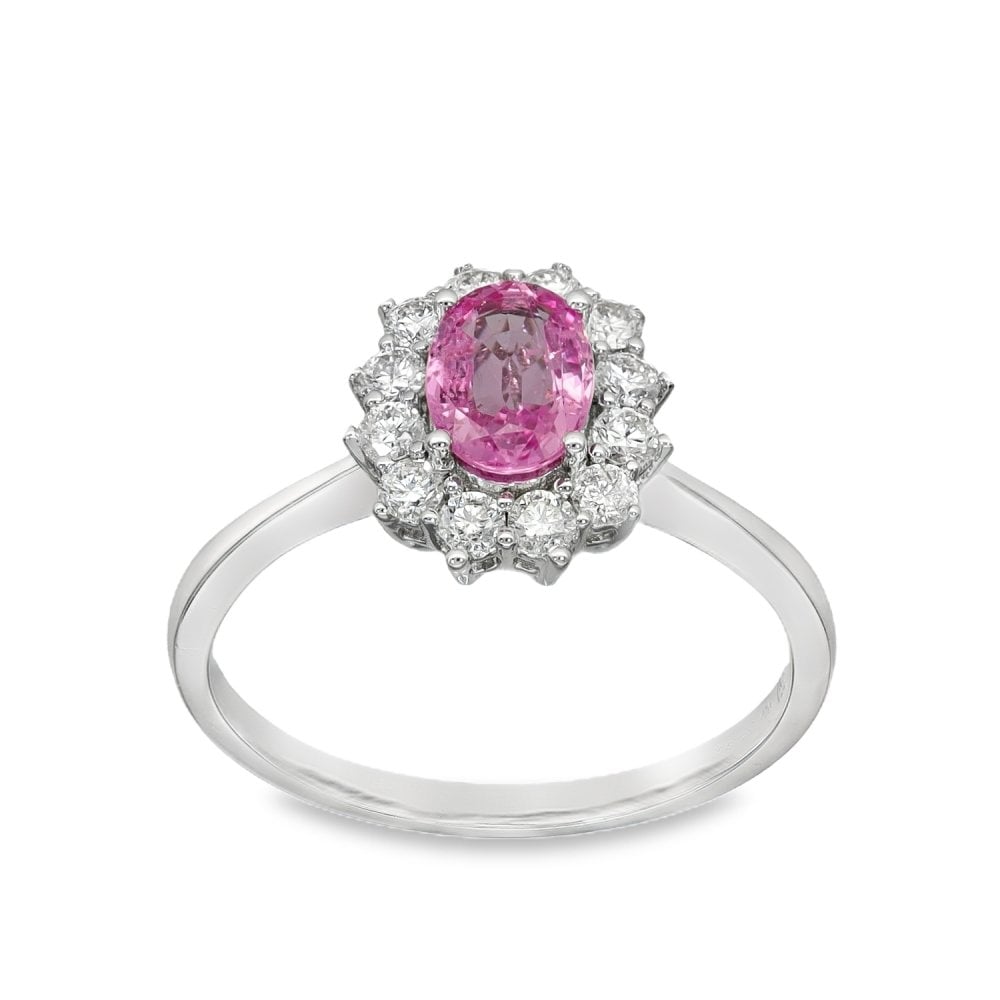 18ct White Gold Pink Sapphire & Diamond Cluster Ring - Size O