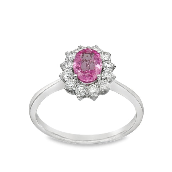 18ct White Gold Pink Sapphire & Diamond Cluster Ring - Size O