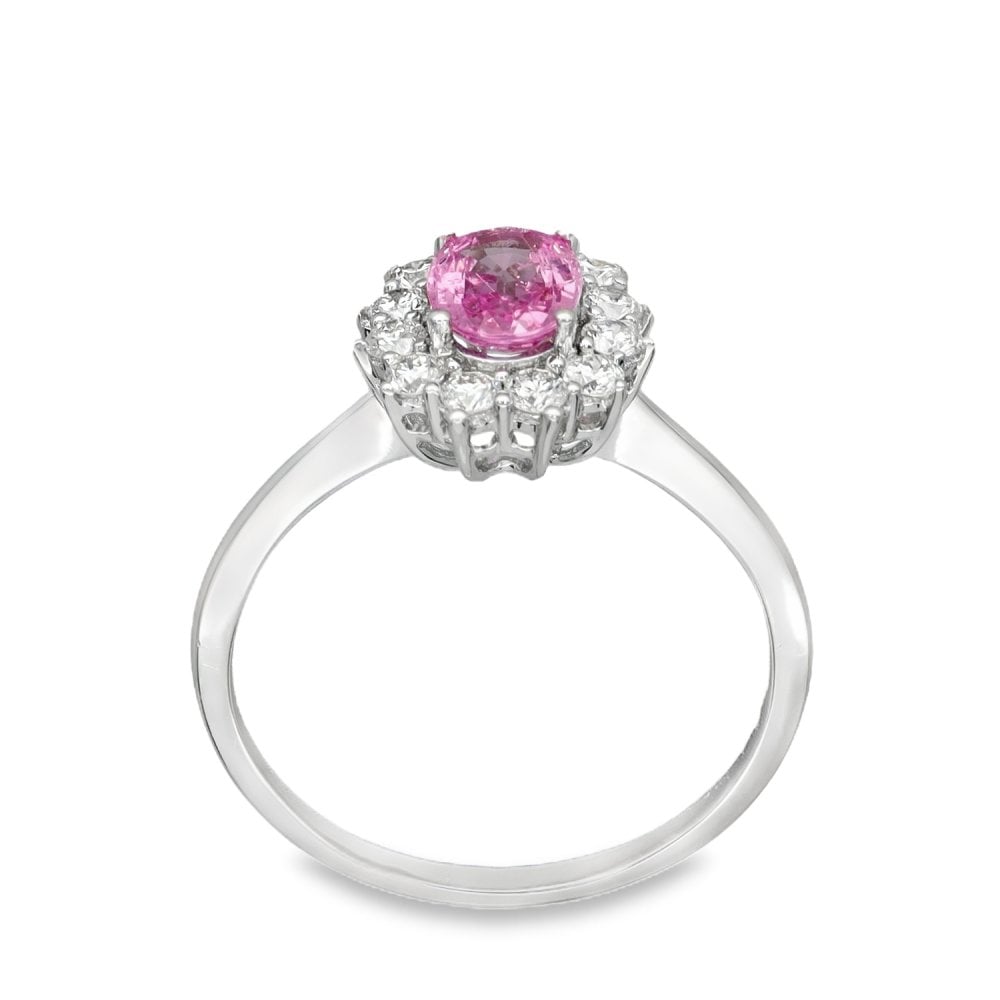 18ct White Gold Pink Sapphire & Diamond Cluster Ring - Size O