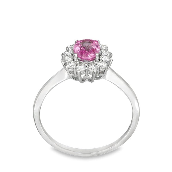 18ct White Gold Pink Sapphire & Diamond Cluster Ring - Size O