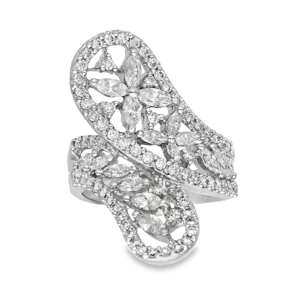 18ct White Gold Diamond Flower Loop Ring - Size O - 1.98ct