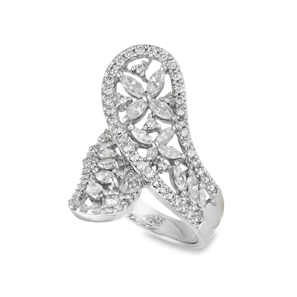 18ct White Gold Diamond Flower Loop Ring - Size O - 1.98ct